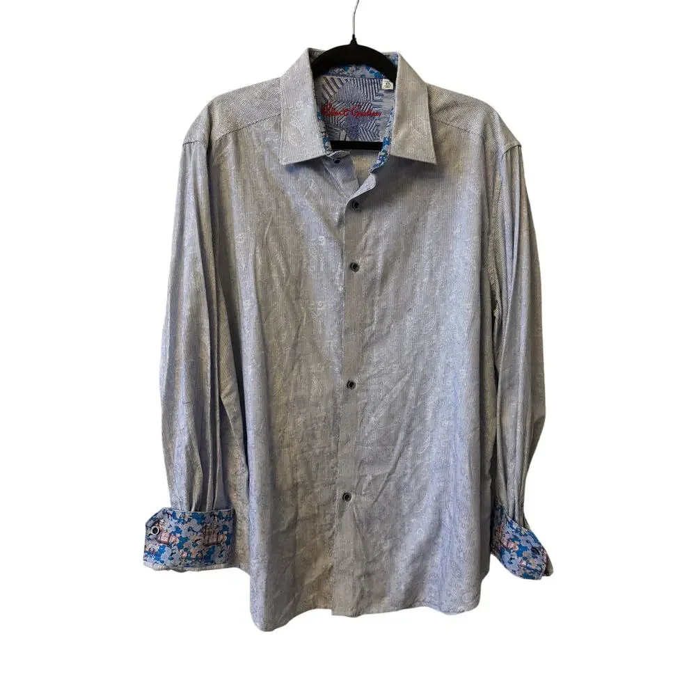Robert Graham Shirt Men's XL 100% Cotton Contrast Cuff Paisley Micro Stripe Blue